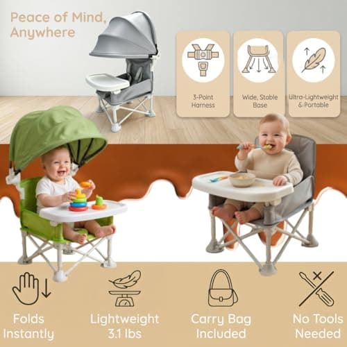 Foldable Baby Travel Seat Booster Feeding Chair for Children Toddlers Infants with Removable Tray & Detachable Sunshade – Toddler Dining Chair for Indoor/Outdoor, Travel, Feeding or Camping (Grey) — view 5