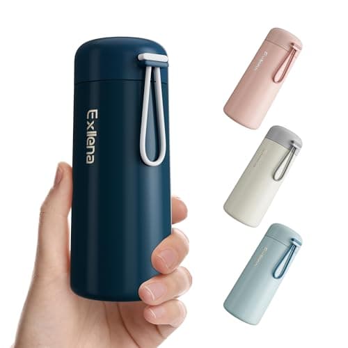 Exllena Small 250ml Water Bottle Made of 304 Stainless Steel, Double Wall Vacuum Insulation for Hot&Cold Drinks, Mini Flask with Carry Handle - 100% Leakproof(Dark-Blue)