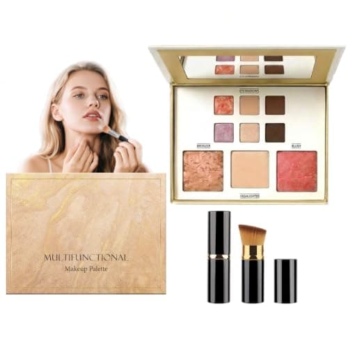 All-in-one Makeup Set with Brush, Baked Starter Makeup Palette Kit, Includes Bronzer, Blush, Highlighter and 6 Eyeshadows, Cosmetics Gift Set for Women