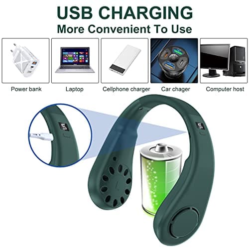 Neck Fan, Portable Neck Fans Rechargeable, 5 Speeds USB Personal Bladeless Fan 3000mAh Battery, Wearable Hands-Free Cooling Fan for Men & Women, Leafless Hanging Mini Fans for Outdoor Travel (Green+) — view 6