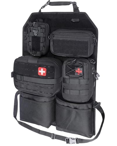 WYNEX Tactical Car Seat Back Organizer Set, Vehicle Accessories Molle Panel wtih Detachable 4 Molle Pouches - First Aid EDC Admin Storage Bag for Road Trips, Fits Most Cars, SUVs, Pickups, Trucks