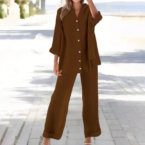EMUKFD Co Ords Sets for Women Uk Linen 2 Piece Outfit Airport Travel Lightweight Co Ord Sets Summer Loungewear Solid Long Sleeve Button Up Shirts Wide Leg Trousers Leisure Beach Set Yoga Jogging Suit — view 3