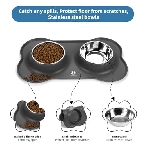 PET'S HUB Pet Feeding Bowl Set, Double Bowls with Silicone Mat Tray for Cats, Puppies, and Small Dogs. (Grey, Small) — view 4