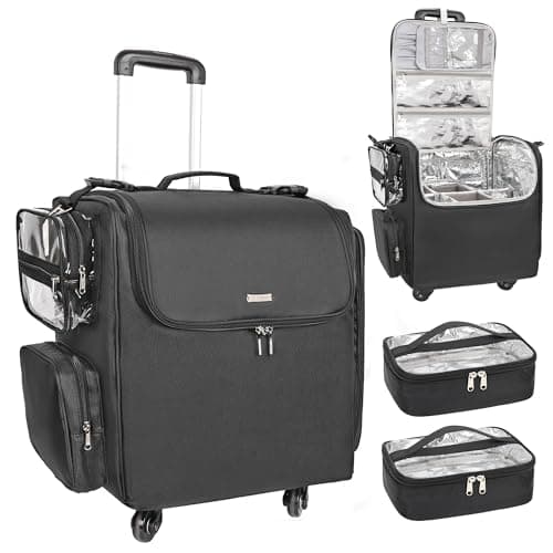 Relavel Rolling Makeup Train Case with 4 Wheels, Hairstylist Traveling Bag with Adjustable Dividers & Heat Insulation Full Layer, Hair Tools Cosmetics Storage Organizer Trolley Suitcase Makeup Cart