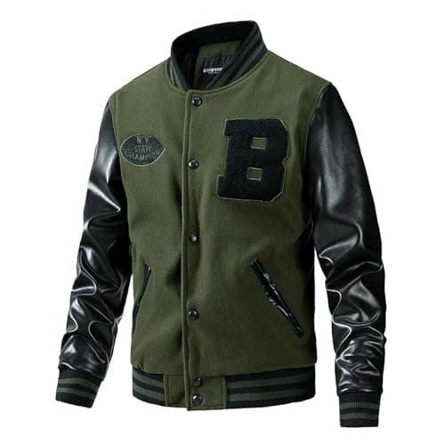 Men's Warm Two-Tone Bomber Jacket Winter College Jacket Football Old School Leather Sleeves Faux Leather Baseball Sports Jacket Sweat Jacket Varsity Vintage Streetwear Oversized Patchwork Coat, O