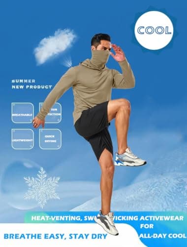 5 Pack Mens Hoodie Shirts Sun Protection Lightweight Quick Dry Rash Guard with Face Mask for Outdoor Fishing Active Wear, 5pc-khaki, Large — view 5