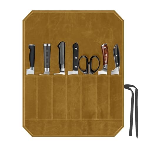 Megcdtr Knife Roll Bag, Knife Roll for Chefs, 7 Slots Waxed Canvas Knife Bags, Portable Tool Storage Bag with Drawstring, Suitable for Home Kitchens Camping Hiking and As a Gift for Chefs (Khaki)