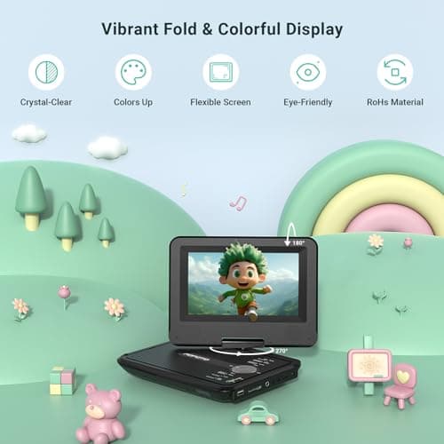POFOTO 9.5" Portable DVD Player for Kids and Car Travel with 7.5" Rotatable HD Screen, 4-6 Hours Rechargeable Battery, Region Free, Support Multi-Format/USB/SD, Sync TV/Projector, Dual Speakers, Black — view 2