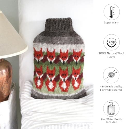 Pachamama Handknitted 100% Wool Hot Water Bottle Cover and 2 Litre Hot Water Bottle - Fox Pattern Handmade Fair Trade Multicoloured Thermal — view 5