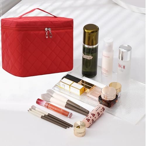 Large Make Up Bag,Portable Cosmetic Bag with Handle Zipper Waterproof Make Up Organizer Bag Travel Toiletry Bag for Women Girls (RED) — view 6
