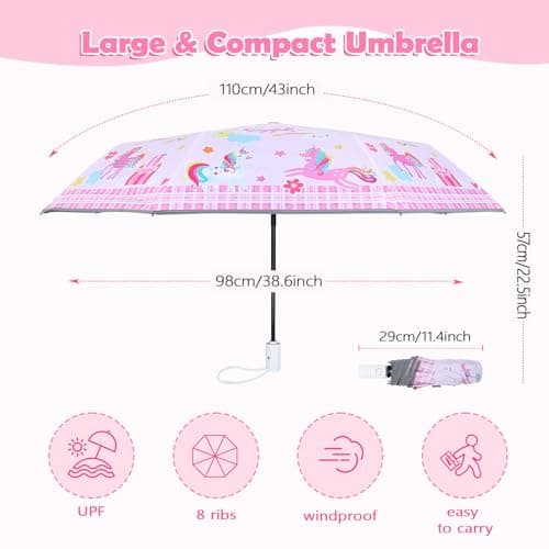 Kids Folding Umbrella, Windproof Automatic Travel Umbrella for Girls Pink — view 5