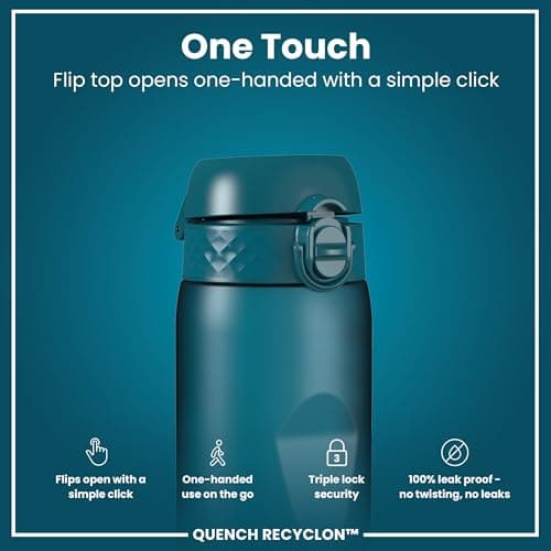 ION8 1 Litre Water Bottle with Times to Drink, Leak Proof, Flip Lid, Carry Handle, Dishwasher Safe, BPA Free, Soft Touch Contoured Grip, Ideal for Gym, Health and Fitness, 32 oz, Deep Teal — view 3