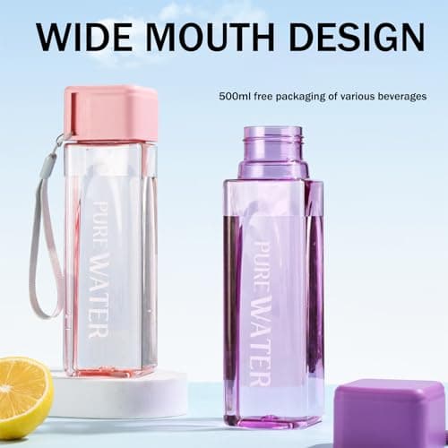 ANMEISH Sports Water Bottle 500ml, Pink Plastic Portable Square Water Bottle with Lid, Leak-Proof Reusable Drink Bottle for Sports,Hiking,Gym,Fitness,Outdoor,Cycling,Men & Women — view 2