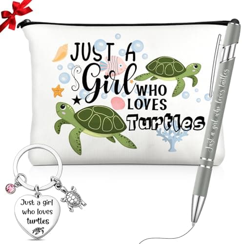 Hestya 3 Pcs Turtle Gifts for Women Just a Girl Who Loves Turtles Lovers Gifts Set Includes Ballpoint Pen Makeup Bag and Stainless Steel Keychain, Birthday, Graduation, Thanksgiving, Christmas