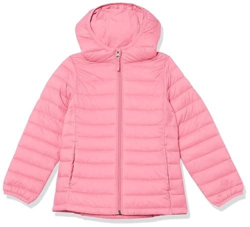 Amazon Essentials Girls' Lightweight Water-Resistant Packable Hooded Puffer Jacket, Bright Pink, 9 Years