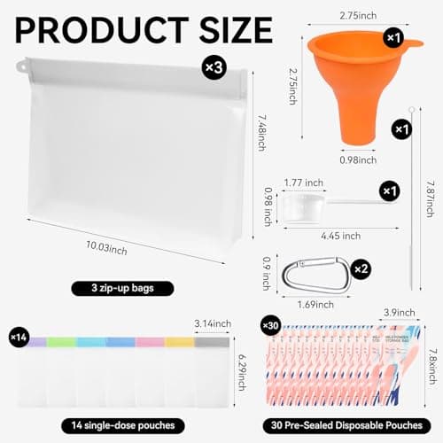 Protein Powder Travel Container Set, Reusable Protein Powder Container To Go,14Pcs Single Dose Bags & 3Pcs Large Zip with 30 Disposable Bags, Portable Supplement Storage Containers with Funnel — view 4
