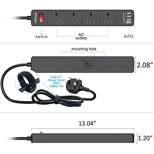 POWSAF Extension Lead with 4 USB Slots (3.4A, 1C and 3A Ports),Power Strip Extension cord with 4 way plug extension Socket and 2M Extension Cable for Home Office Travel holiday essentials,Black — view 6