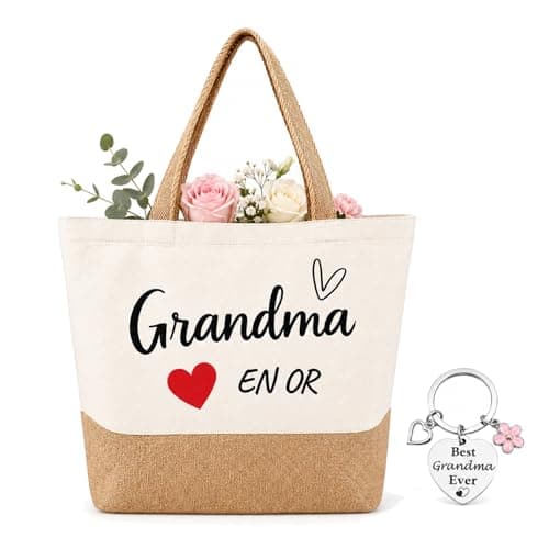 RUHSNJK Grandma Gifts, Grandma Birthday, Beige Jute Tote Bag and Best Grandma Ever Keyring, Practical Shopping and Travel Gift from Grandchildren