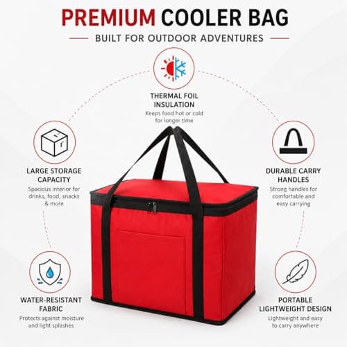 Insulated Camping Cooler Bag Large Thermal Picnic Cool Bag Red Leakproof Food Storage Tote for BBQ Beach Travel Fishing 30L/60L (60L (52 x 33 x 40cm)) — view 3
