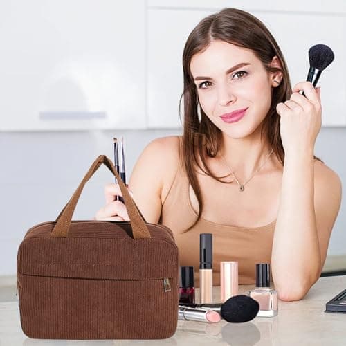 KASESSS Large Makeup Bag Organizer, Travel Bags, Corduroy Toiletry Bag with 2 Compartments, Travel Makeup Bags with Two Mesh Layers with Handle for Men Women, Travels Essentials Cosmetic Storage — view 5