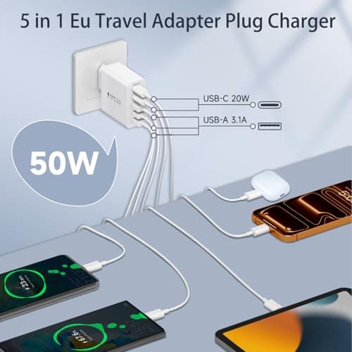 EU Travel Adapter Charger, 50W European Plug Adapter Fast Charger with 2 USB C&3 USB A, European Wall Adaptor EU Adaptor USB Plug Fast Charging with 1M USB C Cable for iPhone 17 16 15, iPad, Samsung — view 5