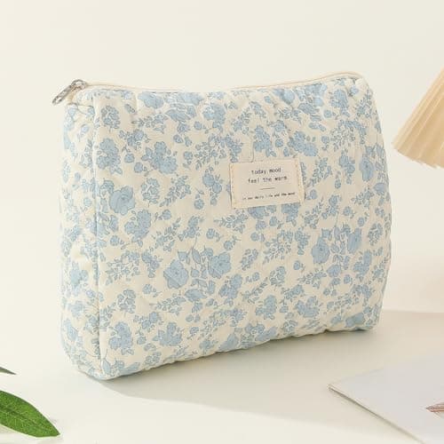 CHAMAIR 3Pcs Coquette Makeup Bag - Quilted Cosmetic Bag Large Make Up Bag Set Aesthetic Floral Toiletry Bag Cotton Travel Skincare Bag for Women Ladies Girls (Style B1) — view 3
