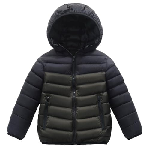 duxyoz Boys Puffer Winter Coat Kids Lightweight Hooded Padded Winter Coats Color Block Thick Warm Snow Outwear Windproof Outdoor Softshell Down Jacket with Pockets Army Green 14-15 Years
