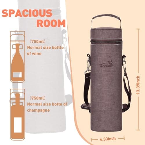 Kato Tirrinia Single Wine Cooler Bags - Insulated & Padded Portable Wine Tote Carrier for Travel, Picnic, Beach Great Gift for Wine Lover, Brown — view 3