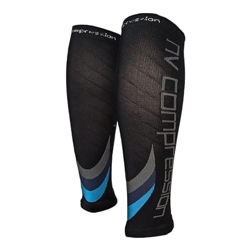 NV Compression Essential Race and Recover Calf Guards/Sleeves (PAIR) 20-30mmHg - For Sports Recovery, Shin Splints, Medical, Work, Flight - Running, Cycling, Gym (Bk/Blue Chevrons, L-XL) — view 2