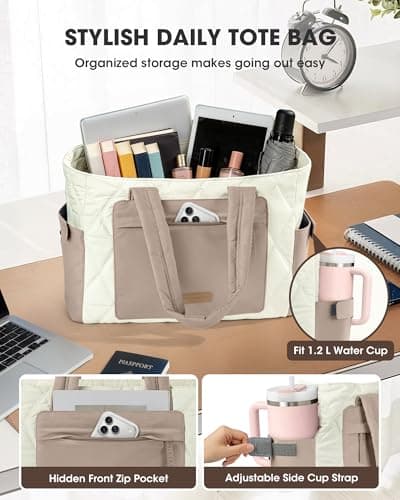 RAINSMORE 15.6 Inch Puffer Laptop Tote Bag for Women Large Quilted Cloud Bag with 15 Pockets and Luggage Sleeve Lightweight Water-Resistant Work Handbag for Teacher, Travel, Gym, School Khaki White — view 2