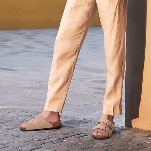 ODOLY Unisex Cork Footbed Slide Sandal, Arch Support Summer Outdoor Sandals with Adjustable Buckle for Women and Men, Taupe Suede, 6.5-7 Women/5-5.5 Men — view 2