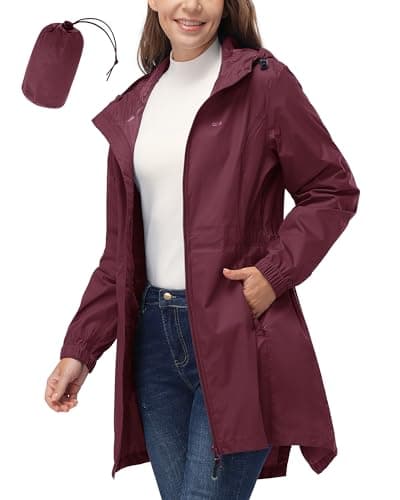 33,000ft Women's Rain Jacket Lightweight Hooded Long Rain Coat Waterproof Jacket Ladies Packable Functional Jacket Windbreaker Breathable Active Outdoor Coats Wine RedM/12