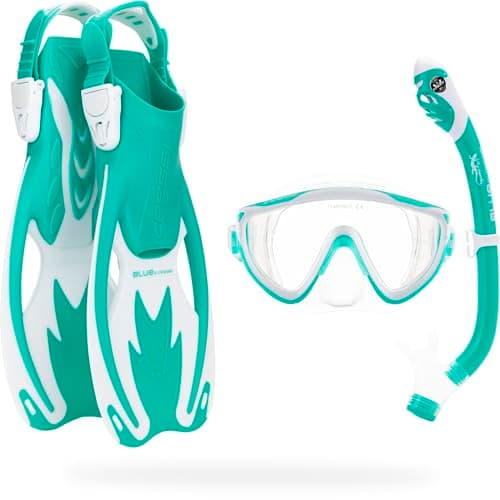 CRESSI Tinetto Rocks Dry Set Aqua Green/White [S/M] - Kids Snorkeling Set Short Adjustable Fins, Silicone Mask, and Dry Snorkel, Aqua Green/White, S/M
