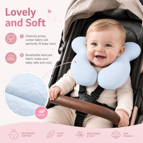 Blublu Park Baby Head Support Pillow for Newborn, Soft Cotton Baby Travel Pillow for Car Seats and Strollers for Baby, Blue — view 2