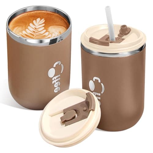 17 oz Travel Coffee Mug with Lid and Straw, Stainless Steel Vacuum Insulated Tumbler, Double Walled Travel Tumbler Insulated Coffee Cups for Ice Drinks Hot Beverage Indoor Outdoor Use (Khaki)