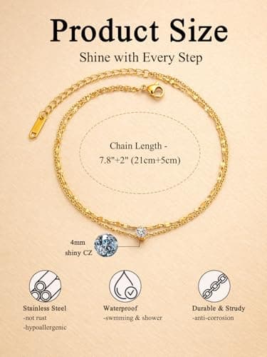 AllerPierce Gold Anklet for Women, Dainty Layered CZ Anklet Bracelet, Hypoallergenic Stainless Steel Waterproof Foot Chain, Summer Beach Jewellery Gifts for Women Girls Ladies Gold — view 5