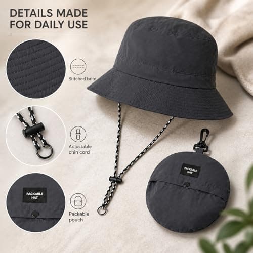 Dark Grey Bucket Hat with UPF50+ Sun Protection & Foldable Design - Adjustable Chin Cord for Secure Fit in Outdoor Activities Like Hiking and Travel, Waterproof, Breathable & Quick-Drying (Grey) — view 5