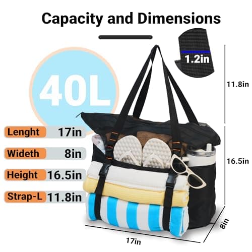 kokkoya Black 40L Large Mesh Beach Bag with Zip for Family Pool & Travel — view 4
