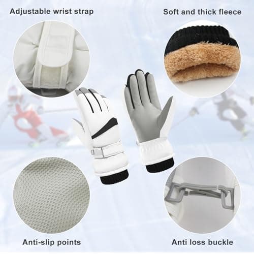 Andiker Women Waterproof Ski Gloves, Winter Touchscreen Thermal Gloves with Fleece, Windproof Snowboard Glove for Skiing Running and Cycling (white-black) — view 2