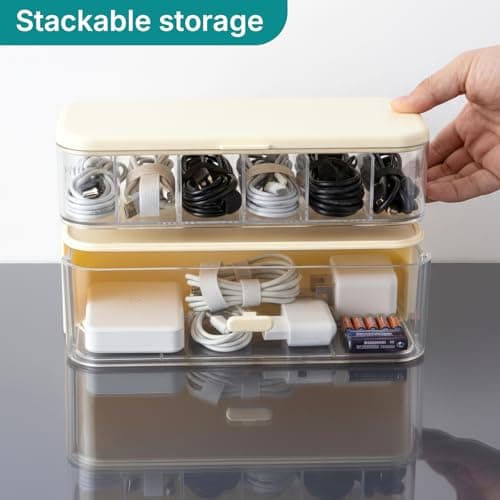 EVERGOODS Dual Layer Charger Storage Box 7 Compartment Data Tidy Cable Management Box, Cord Organizer Box for Desk - Holds Chargers Plastic Storage Box for Charger Organiser (Cream, 8.9"x3.7"x4.9") — view 5