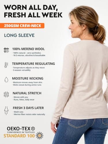 MERINNOVATION 100% Merino Wool Base Layer for Women - Long Sleeve Crew Neck Thermal Top Merino Wool Women's Shirt, Natural White 250, M — view 2