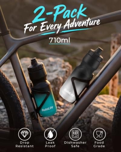 BuildLife 2 Pack Sports Water Bottle, 710ML Squeeze Water Bottle, Biking Water Bottles, BPA Free & Leakproof Cycling Bottles for Hiking, Outdoor Sports Dishwasher Safe (BlackBlue+BlackWhite) — view 2