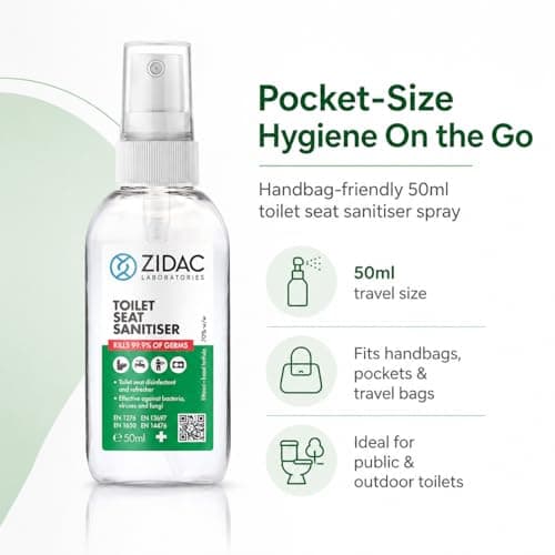 Zidac Toilet Seat Sanitiser Spray 50ml, Pocket/Handbag Size Toilet Cleaner, 70% Ethanol Portable Bathroom Hygiene Spray for Public Toilets, Outdoor Toilets, Travel, Camping, Work, School & On The Go — view 2