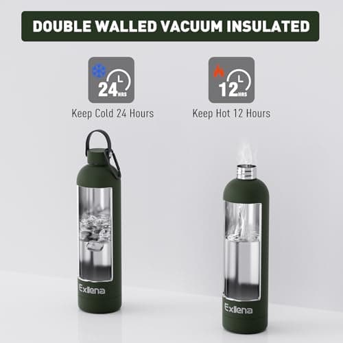 Exllena 1l Water Bottles Metal with Handle Lid and Carabiner, Double Wall Vacuum Drinks Bottle Keeps Drinks Cold 24 Hrs/Hot 12 Hrs, Stainless Steel Water Bottle BPA Free(Pine Green) — view 5