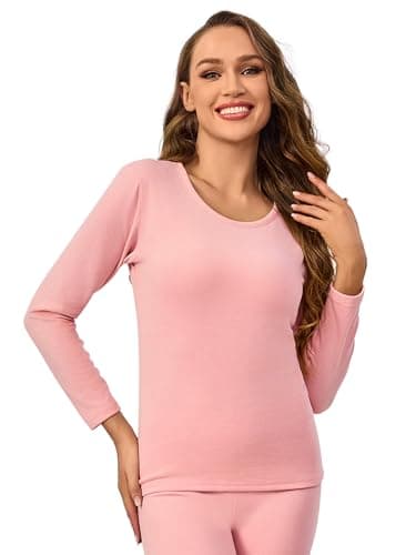 Monbessi Thermal Tops Womens Long Sleeve Thermal Underwear Scoop Neck Base Layers Clothes – Perfect for Autumn and Winter (M, Pink)