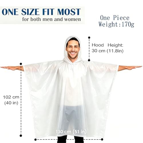 JXJIUA 2 Pack Rain Ponchos for Adults Men/Women Raincoats Reusable Lightweight Survival Emergency Heavy Duty Rain Coat with Drawstring Hood White — view 2