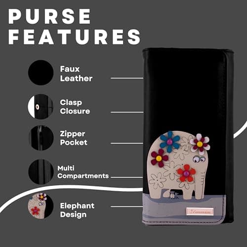 kukubird Large PU Leather Zipper Coin Pocket Wallet, Black Floral Elephant, L, Classic — view 5