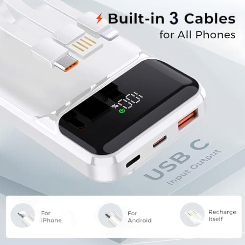 Power Bank With Built in Cables 10000mAh, 22.5W Fast Charge Portable Charger, USB C Battery Pack with 4 Outputs & 3 Inputs Compatible with iPhone 16 15 14 13 iPads Tablets and More — view 3