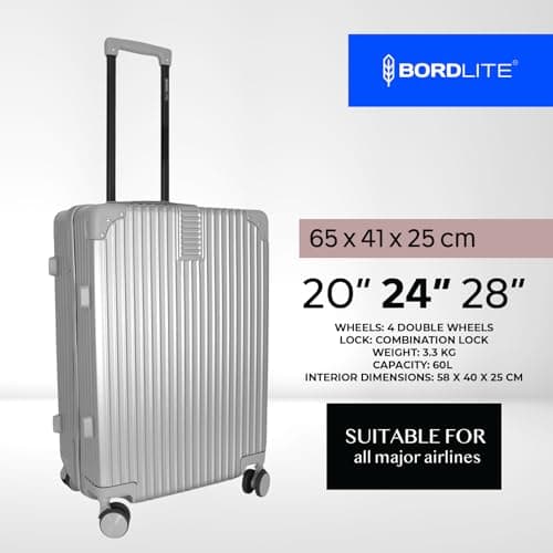 Bordlite 24 Inch Medium Suitcase (65x41x25cm) Lightweight ABS Hard Shell Checked Luggage – Durable Travel Case with 360 Spinner Wheels, Telescopic Handle & Combination Lock – Silver — view 3