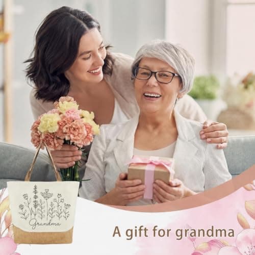 Grandma Birthday Gifts, Tote Bag Large Jute Shopping Bag with Floral Design, Grandma’s Day Gifts, Gift for Grandma Everyday Use Grandma Christmas Gift, Reusable Shoulder Bag for Shopping Picnic Travel — view 2